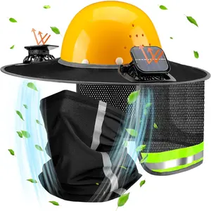 1 Set Full Brim Hard Hat Sun Visor Shade with Solar Fans Neck Sunshade Cover High Visibility Mesh Reflective Strip Summer Protection Accessories Black