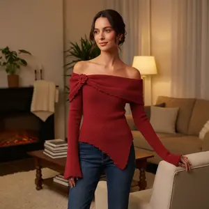 Womens Knit Tops Fall Long Sleeve Off Shoulder Flower Decor Lettuce Edge PulloverFit Sweater