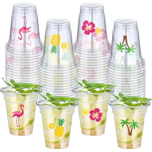 100 Pack 12 oz Clear Disposable Luau Cups Hawaiian Flamingo Disposable Plastic Pineapple Tropical Cups for Party Luau and Tiki Party Supplies Birthday Bachelorette Drinkware Decorations
