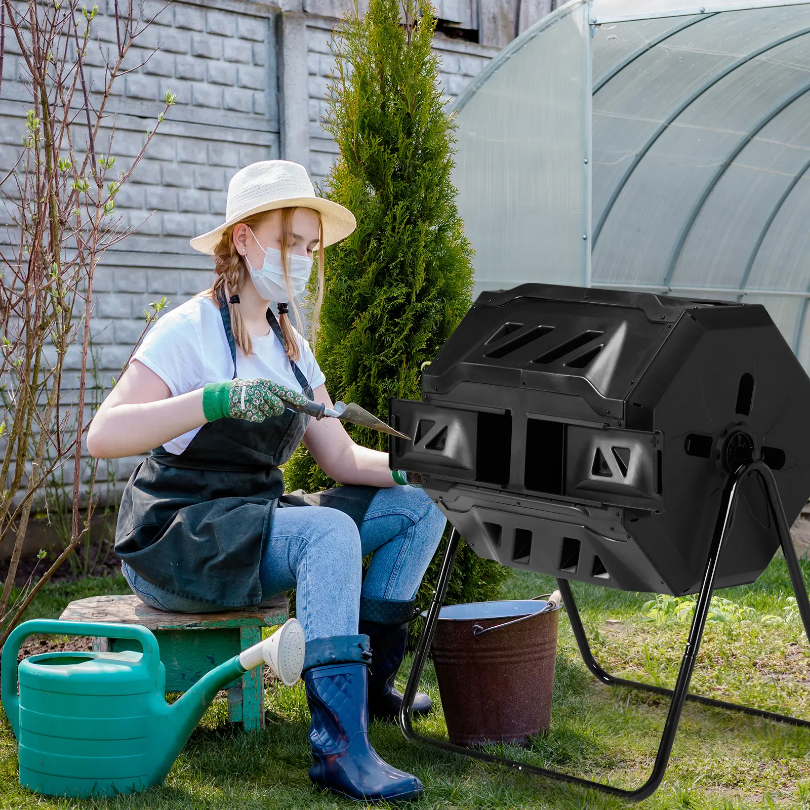 Dual Rotating Compost Tumbler 42Gal Weatherproof Composter Bin, No Dig Easy Turn Compost Maker for Backyard Garden Eco Organic Fertilizer