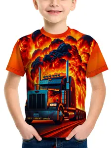 Boys' 3D Fire Truck Print Short Sleeve T-Shirt, Cool Optimus Prime Round Neck Casual Top, Trendy Slim-Fit Long Tee for Middle School Kids