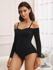 Women's Seamless Cinched Waist Knit Long Sleeve Shapewear, Fall Winter Comfortable Casual One-Piece Underwear, Slimming Body Sculpting Compression Bodycon Top