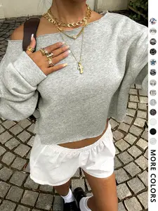 Women's Off-Shoulder Short Sweatshirt, Colors, Comfortable Loose Fit, Long Sleeve Thick Casual Top, Street Style Y2K Fall Winter