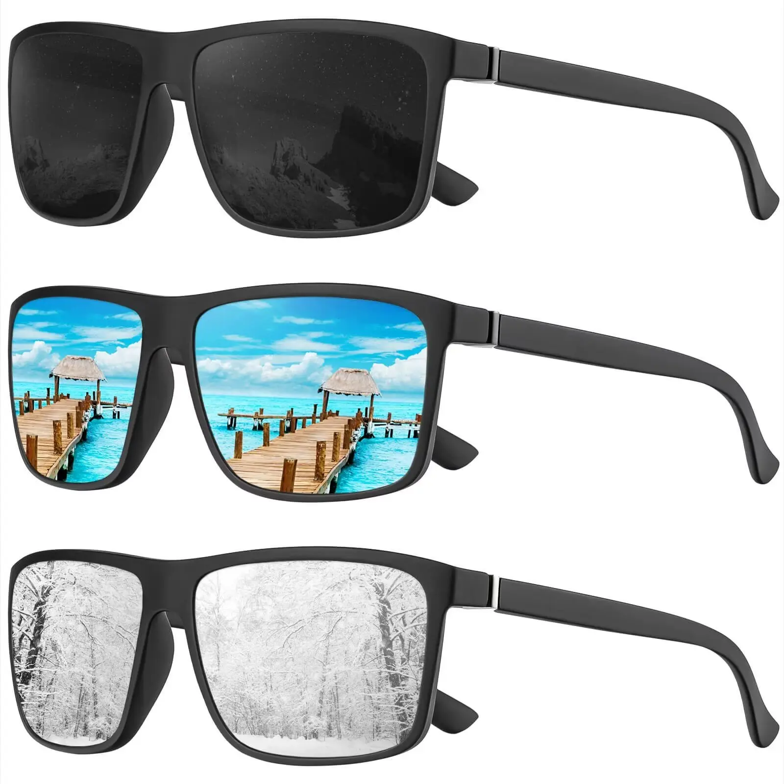 3 Pairs KALIYADI Unisex Rectangular Polarized Sunglasses with UV Protection,for Driving Fishing Golf (S11) Ocean