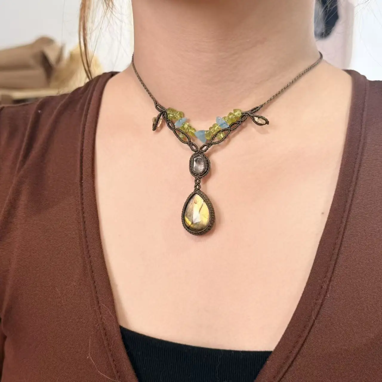 Labradorite Macrame Gem Necklace, Handcrafted Boho Ethnic Jewelry for Adults, Made to Order Stone of Magic Pendant, Custom Made Necklace, Minimalist, Gemstone, Unique Gifts