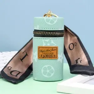 Mini Cylindrical PU Leather Keychain Bag Vintage Floral Geometric Pattern Lipstick Pouch With Scarf Decor For Women