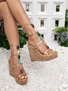 Women's High Heel Sandals Bohemian Colorful Gem Chunky Sole Roman Shoes, One-Strap Design, Comfortable and Stylish Footwear