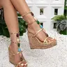 Women's High Heel Sandals, High Wedge Shoes, Thick Heel Shoes, Bohemian Colorful Artificial Gem Chunky Sole Roman Shoes, Comfortable and Stylish Footwear, Wedge Design, Boho Style Wedge