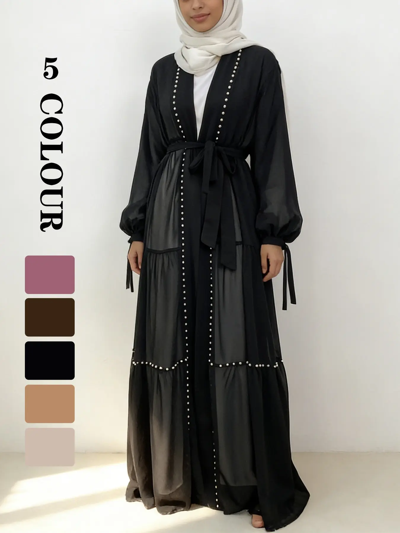 Women's Solid Color Beaded Decor Chiffon Round Neck Abayas, Muslim Dresses, Modest Clothes, Long Sleeve Tie Waist Maxi Dress for Daily Wear, Modest Muslim Clothing, for All Seasons [Does not include inner and hijab]