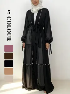 Women's Solid Color Beaded Decor Chiffon Modern Abaya, Elegant Long Sleeve Round Neck Tie Waist Dress for Daily Wear, Ladies Islamic Clothing for All Seasons [Does not include inner and hijab]