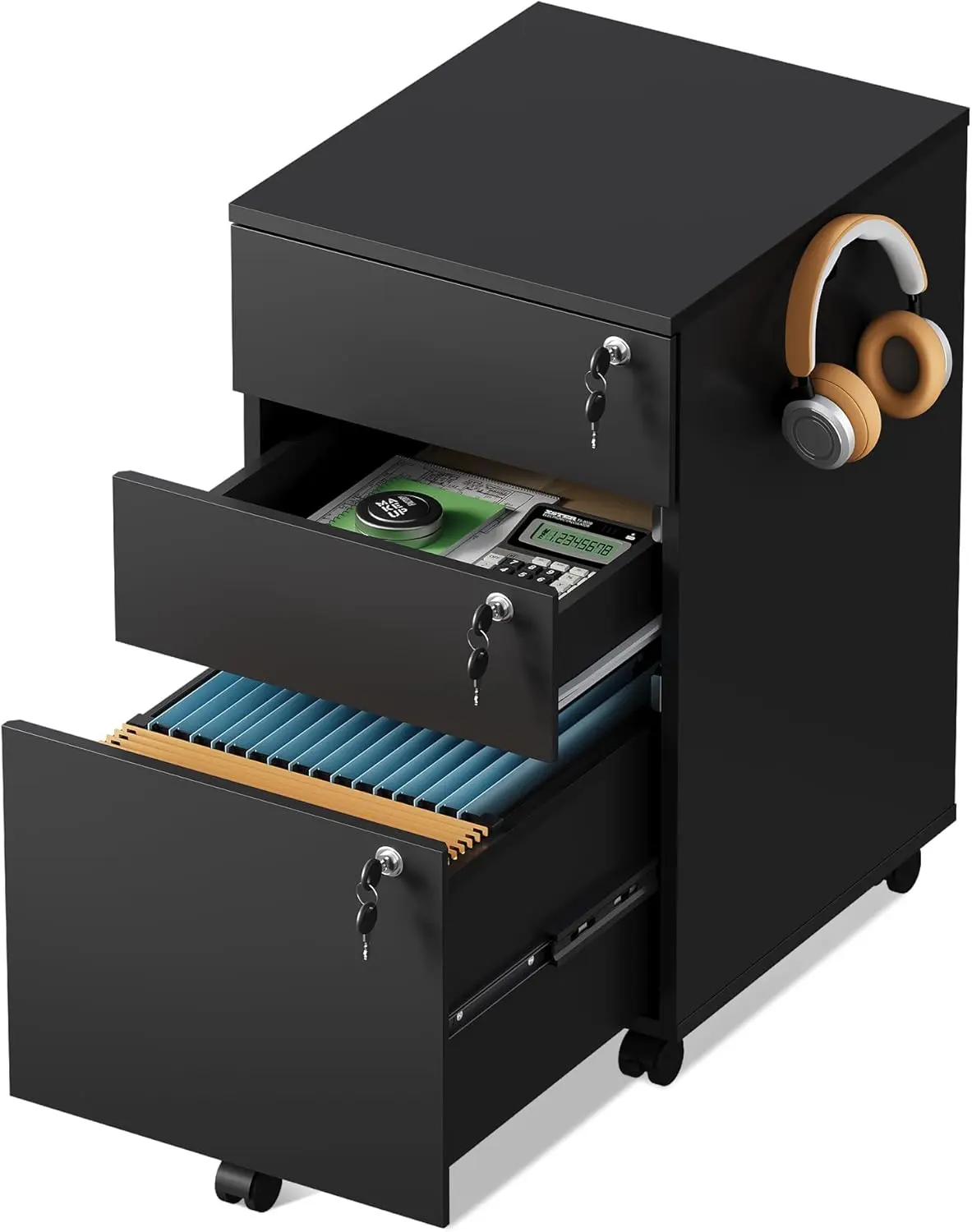 DEVAISE 3 Drawer File Cabinet with Upgrade to 3 Individual Lock & Wheels | Wood Filing Cabinet for Home Office, Mobile Printer Stand with Wheels, Under Desk Storage for Letter/A4/Legal Size, Black
