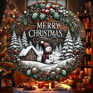 Wooden Merry Christmas Hanging Sign, 1 Count Round Snowman & Letter Pattern Hanging Ornament, Wall Decor for Home Living Room Bedroom