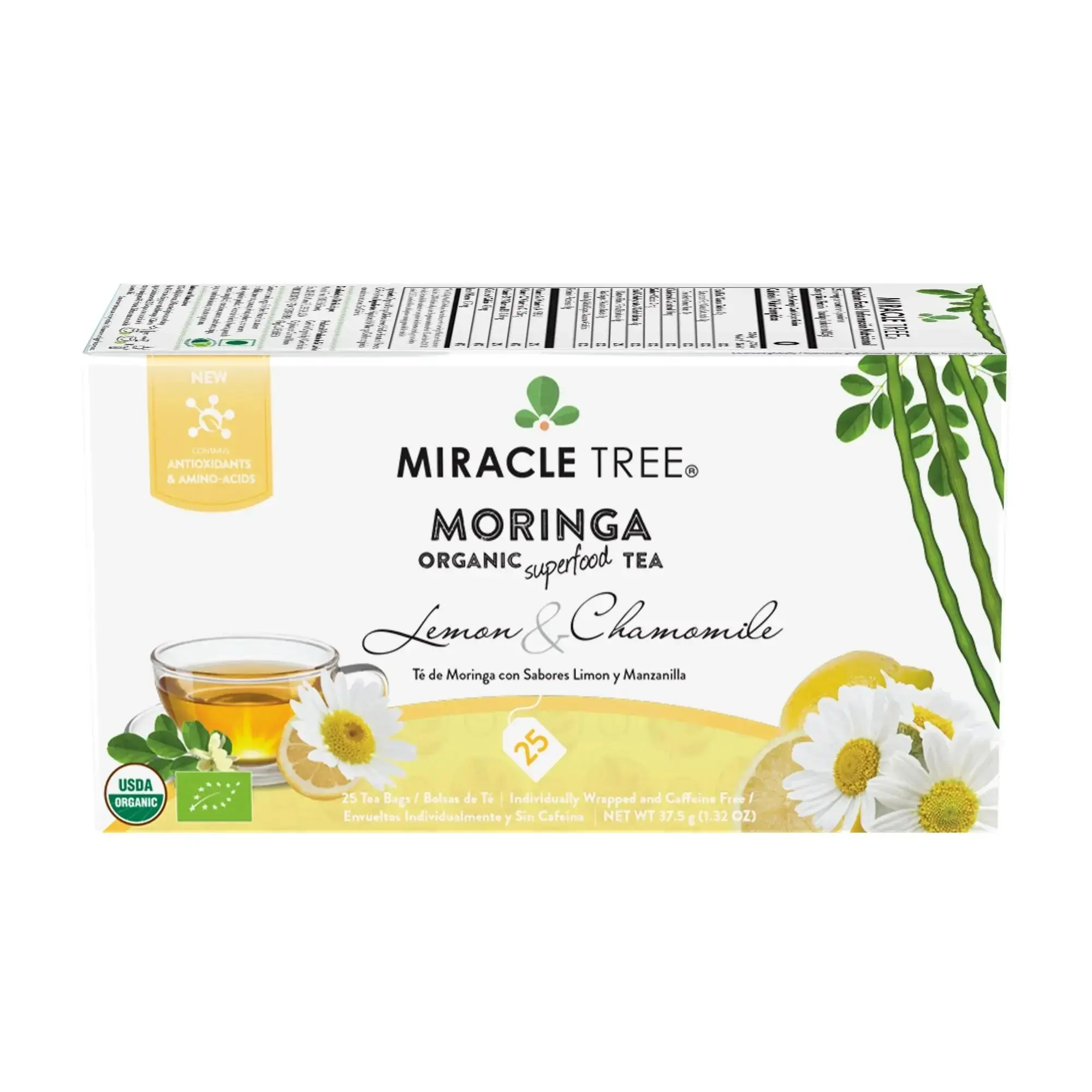 Miracle Tree Organic Moringa Tea Lemon & Chamomile Caffeine-Free Herbal Tea with Vitamins Minerals Antioxidants and Amino Acids USDA Certified Organic Beverage