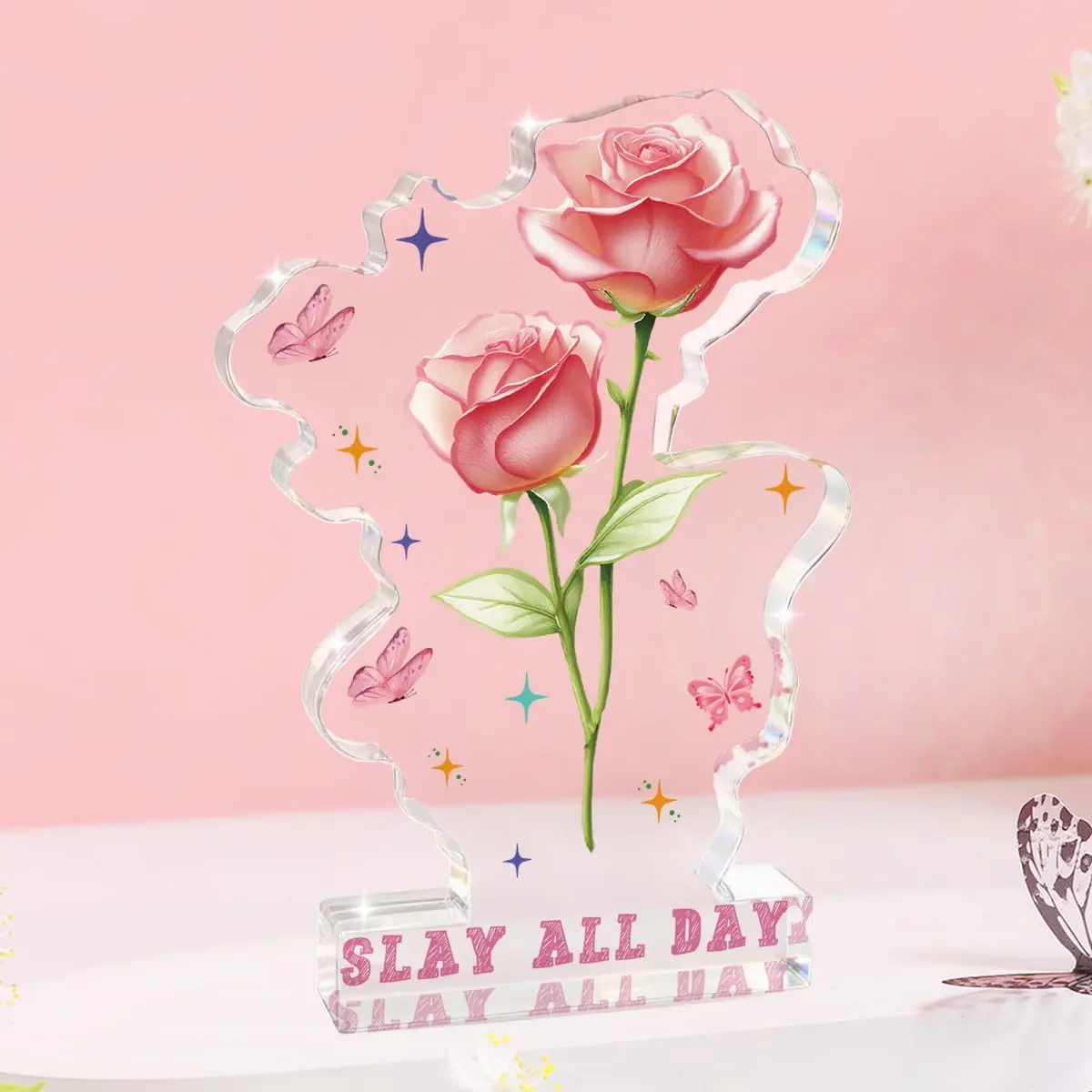Acrylic Room Decor Sign for Girls' Dormitory Table, Desk Decor, Aesthetic Bedroom Centerpiece Gift, Floral Acrylic Decoration for Teenage Girls