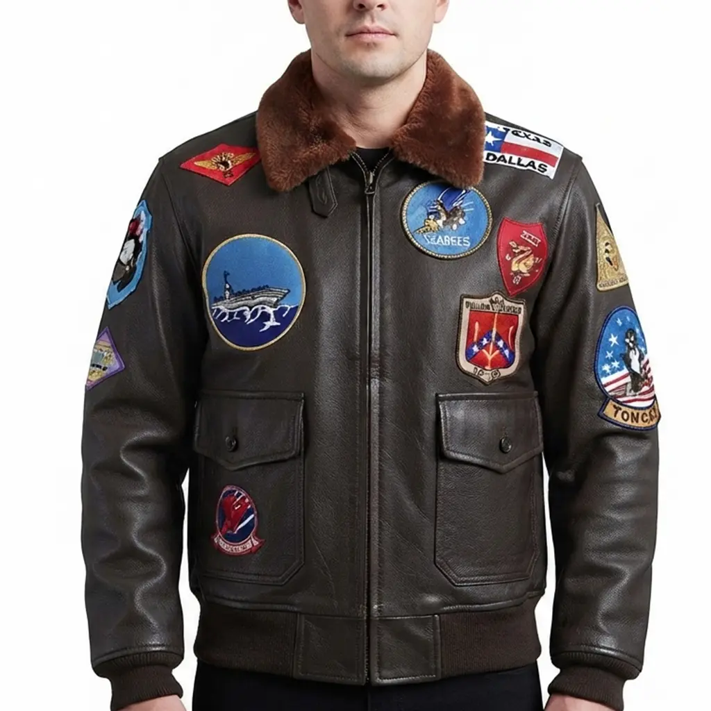 Men's Genuine Leather Aviator Jacket with Real Fur Collar, Embroidered Patches, Zip Front, Ribbed Cuffs and Utility Pockets, Vintage Military Style Winter Outerwear