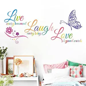 Live Love Laugh Wall Sticker Motivational Wall Decals,Family Inspirational Wall Sticker Quotes Decor,Vinyl Butterfly Flower Word Murals for Living Room Bedroom Kitchen Decoration (18x39, Multicolor)