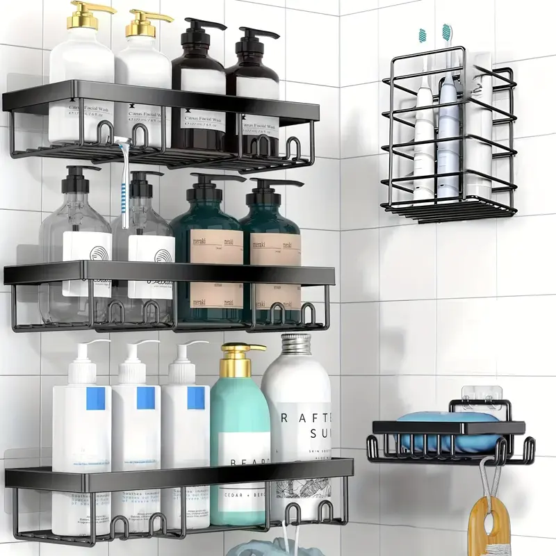 Bathroom Storage Rack Set,5 Pack Shower-Caddy Shelf Organizer. Adhesive wall-mounted Shower Rack. No Drilling Large-Capacity Anti-Slip Bathroom Mat - Rustproof Soap Storage Rack for Bathroom, Kitchen