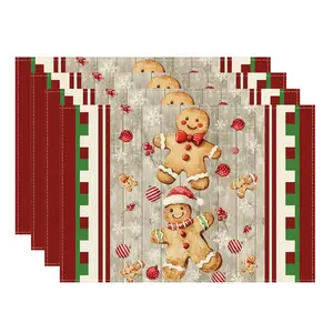 Vikama Christmas Table Mats Set of 4, Cute Gingerbread Man Design, Seasonal Wood Texture Placemats for Party Kitchen Decor