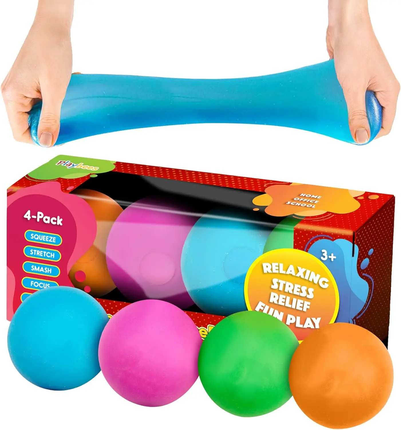 PLAYBEES Pull Stretch and Squeeze Stress Balls 4PK Assorted Colors 2" Soft Bounce Sensory Balls for ADHD Autism & Special Needs Toys Anxiety Calming Fidgets