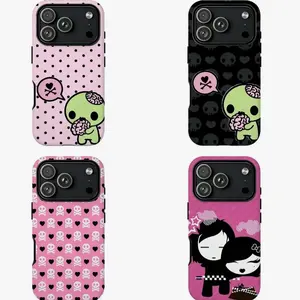 Y2k Kawaii Em0 Z0mb1e Phone Case Phone Case|Pink Black Polka Dot Skull Pattern Protective Cover For iPhone 11 12 13 14 15 16 17 Pro Max For Samsung S26 S25 S24 S23 S22-Gift Ideas For Her/Him G