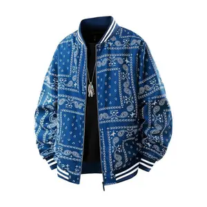 Fashion Men's Bandana Print Bomber Jacket Zip-Up Sports Jacket with Black and White Paisley Pattern Oversized Street Style for Daily Casual and Hip-Hop Tops Menswear Basic Coats Day Love Relaxed Fit Comfy Tee Blue Vibe Hoodie Scream Long Sleeve