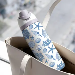 32oz Dual-Use Sports Water Bottle, Blue Coral Shell Print, 304 Stainless Steel Large Capacity Insulated Cup, Perfect Gift for Women, Thermal Flask, Insulated Travel Drinkware, Hydration Tumbler