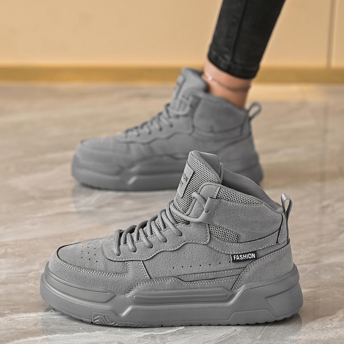 Women’s high-top sneakers, gray suede-texture platform shoes, casual platform shoes, fashionable workwear boots, height-boosting shoes, breathable and comfortable women’s shoes, street style, versatile everyday shoes