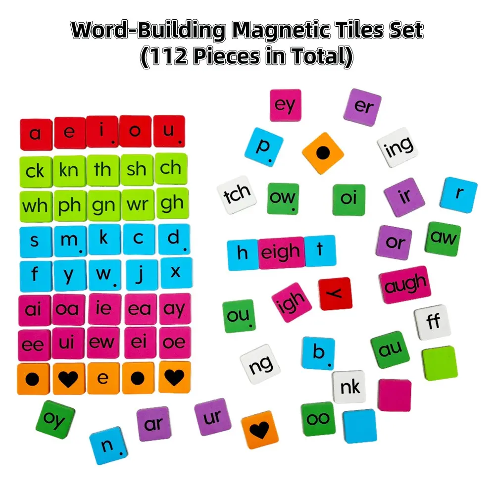 Magnetic Phonics Tiles Block, 112pcs/set Colorful Phonics Word Building Magnetic Tiles Set for Desk Whiteboard, School & Educational Supplies, Learning Tool, Learning Materials