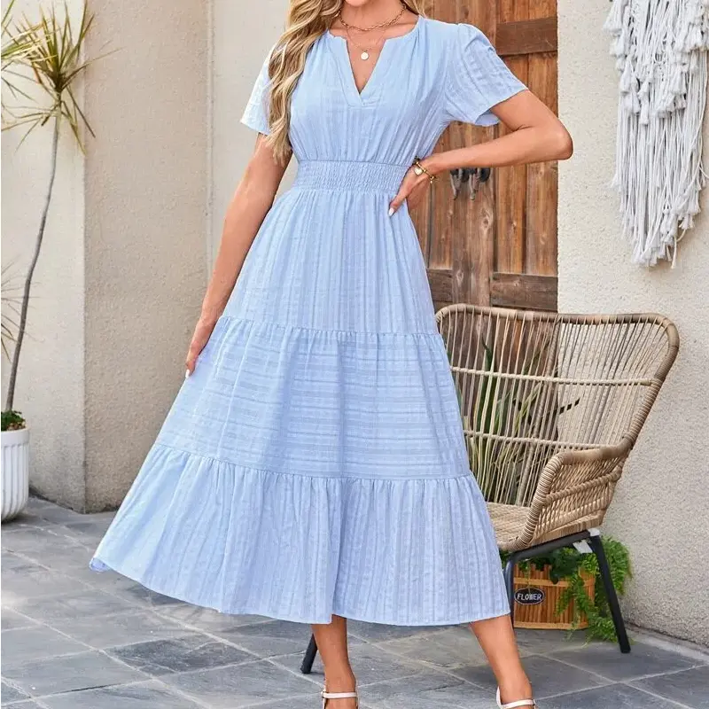 Women's V‑Neck Pleated Sleeves Wide Short‑Sleeved Dress, Suitable for Casual and Versatile Outdoor Wear Womenswear Womenswear Elegant
