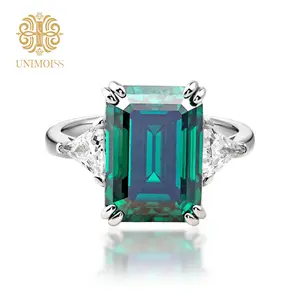 Unimoiss 10-Carat Colored Emerald Cut Synthetic Moissanite Ring, S925 Silver Diamond Ring - Unisex, Hypoallergenic & Fade-Resistant, Classic Vintage Style for Parties, Banquets, Engagements, Weddings & Anniversary Gifts