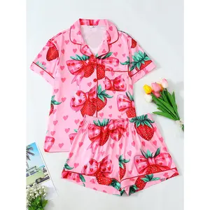 Women's Strawberry Print Pajama Set, Comfortable Short Sleeve Top& Elastic Waist Shorts, Perfect for Holiday Parties Loungewear Nightwear Womenswear Piece