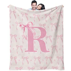 Pink bow letter pattern, suitable for girls' daily, holiday, and birthday gifts, soft, warm, and lightweight plush blanket, suitable for bed, sofa, car, and room decoration, Throw Blanket, Kid Blanket