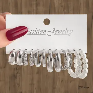 Silver Hoop Earrings Set for Women Trendy Chunky Huggie C Shaped Hoop Earring Pack Twisted Pearl Textured Geometric Jewelry Girls Office Casual Wear