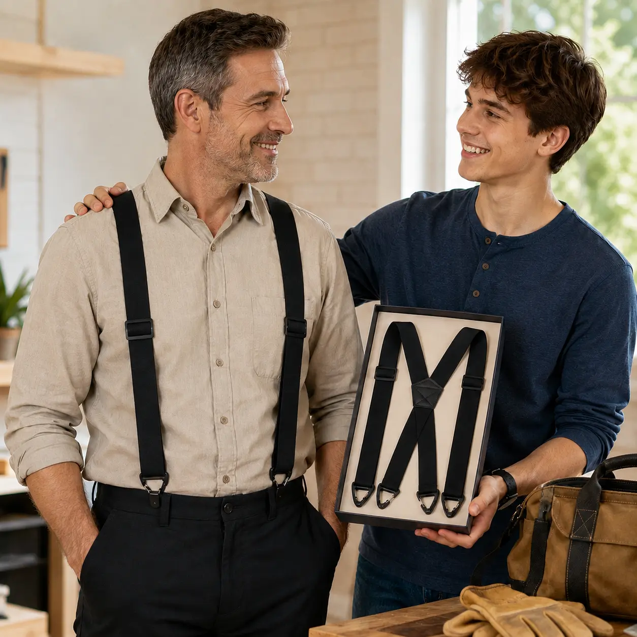 Men's Work Suspenders - 1.5-in Minimalist X-Back Design, 4 Snap-On Clips, Adjustable Elastic Straps, Ideal Dad Gift for Construction Work & Everyday Wear