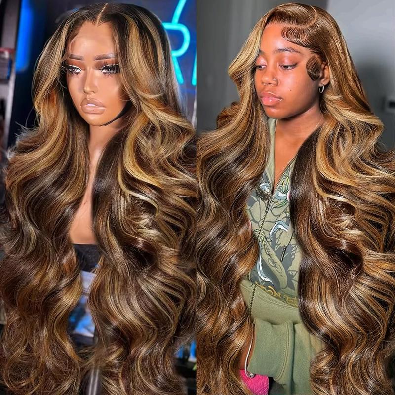 【30 Inch Only $89】Anyweek Honey Blonde Ombre Lace Front Wig Human Hair Highlight Body Wave 13x6 Lace Front Wigs Pre Plucked 180 Density Glueless HD Lace Frontal Wig for Women 4/27 Colored