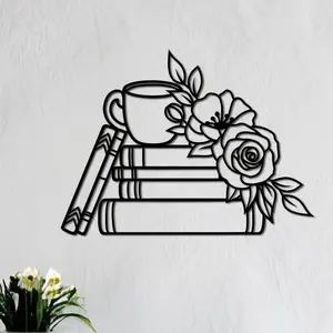 Book & Coffee Cup & Flower Pattern Wall Art, Decorative Artwork, Metal Wall Decor, Wall Hanging Decor for Home Living Room Bedroom Office, Ornaments