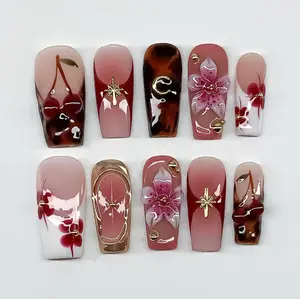 Cherry Blossom Press On Nails, Handmade Floral & Tortoiseshell Nails, Luxury Japanese-Inspired Nail Set, Cherry Blossom Spring Nails