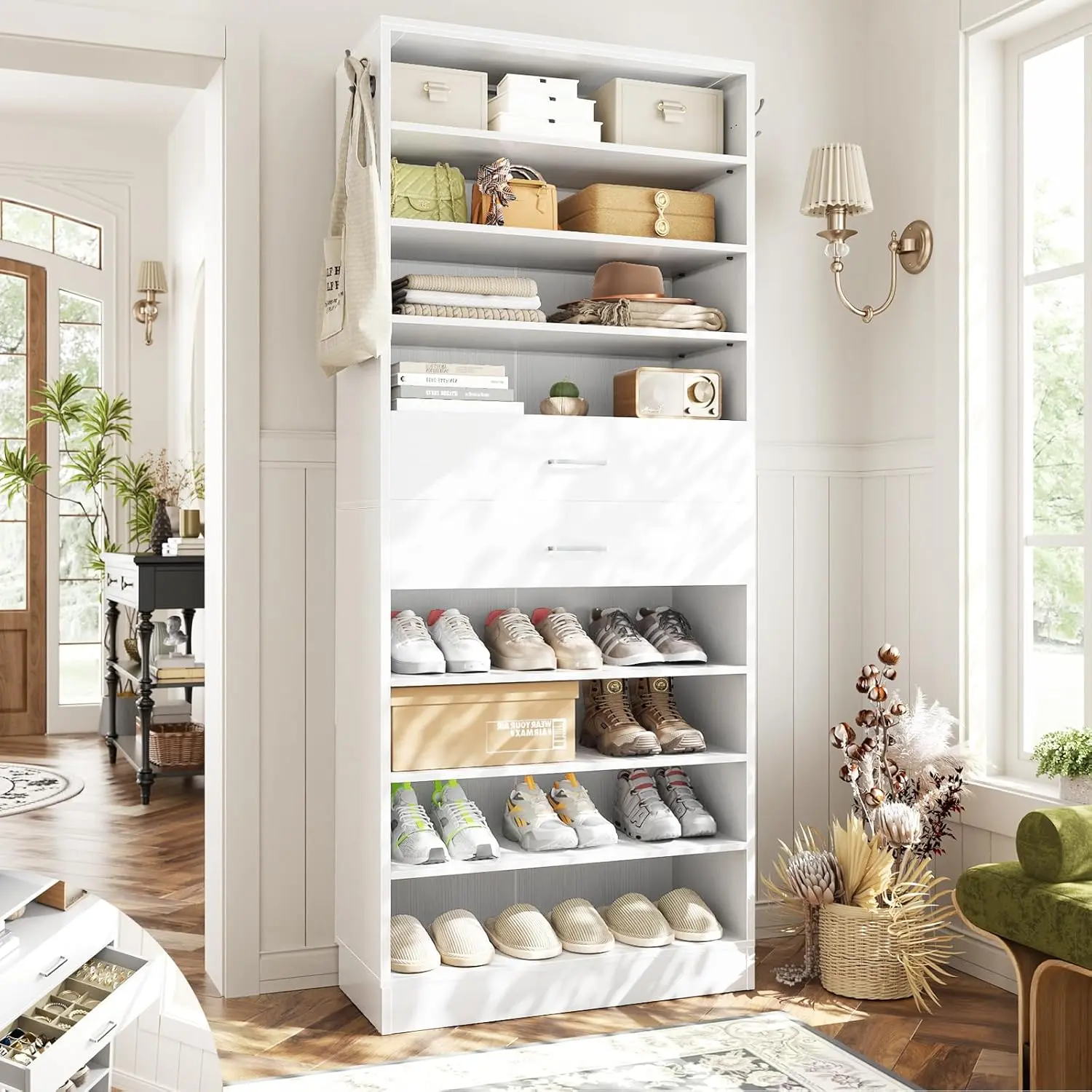 26'' Wood Shoe Cabinet with 2 Drawers - 10-Tier Vertical Adjustable Shoe Rack, Closet Storage Organization, Holds 24-28 Pairs, Narrow Floor-Based Hallway Furniture, Multi-Tier Cube System Display Cabinet for Entryway Bedroom, 6 Adjustable/Removable ,space