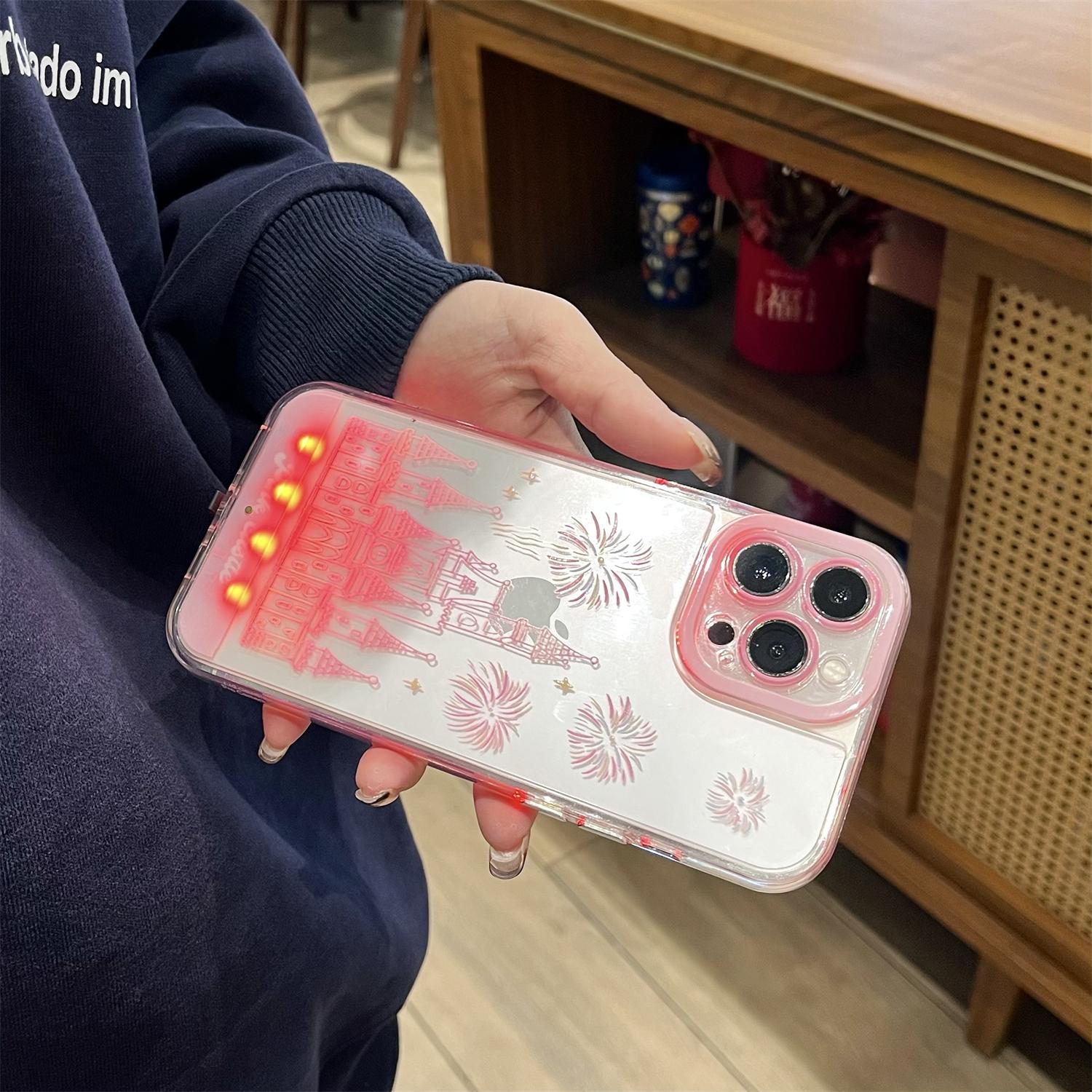 LED Fantasy Castle Fireworks Phone Case, Light up Phone Case for 13/14/15/16/17 Pro/Pro Max/Plus, Aesthetic Cute Girly Kawaii Castle Unique Design Phone Cover for Women Girls