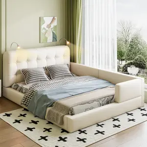 Queen Size Upholstered Platform Bed with 2 Reading Lights, PU Leather Queen Bed Frame with Headboard, No Box Spring Needed
