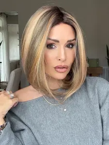 IMstyle Karis Sunkissed Ash Brunette Ombre Honey Blonde with Soft Rooting Short Bob Glueless T Part Lace Wig Natural Looking Heat Resistant Synthetic Fiber Wig Daily Wear
