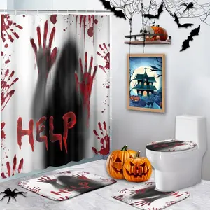 4 Pcs Halloween Shower Curtain Sets, Horror Women Waterproof Bathroom Sets with Non-Slip Rugs, Toilet Lid Cover and Bath Mat, 12 Hooks, Accessories Modern Home Bathroom Decor