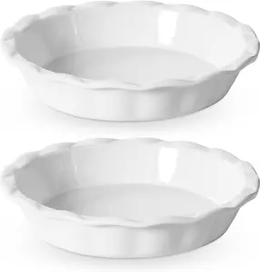 Ceramic Pie Pans for Baking, 9 Inch Deep dish pie plates with Ruffled Edge for Apple Pie, Durable Pie Dish, Non-Stick, Oven & Dishwasher Safe, Set of 2, White Bakeware Fruit