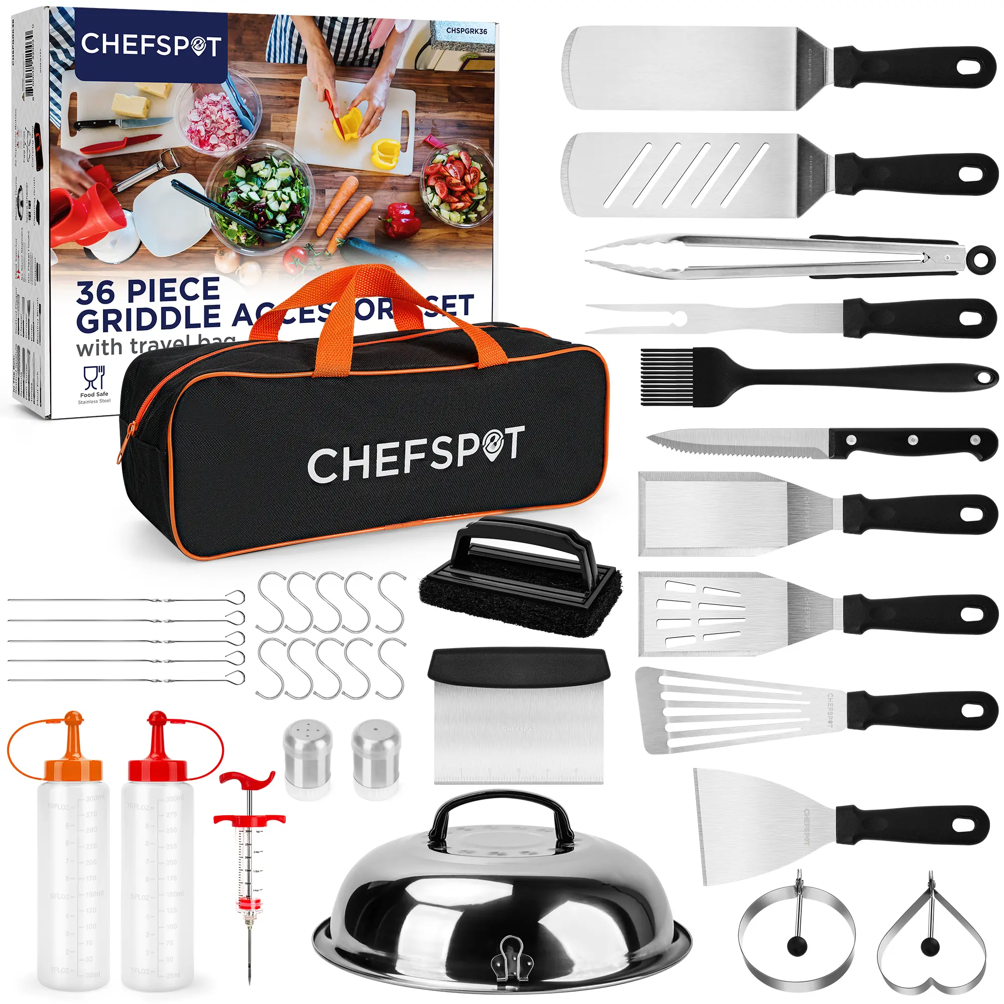 36-Piece Stainless Steel Griddle Accessories Kit for Blackstone, Weber and other Griddles - Flat Top Cooking Bbq Grill with Carry Bag Set Handles