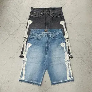 Retro Skeleton Denim Men's Mid-Length Casual Shorts Streetwear Style for Summer Couples Pants Jean