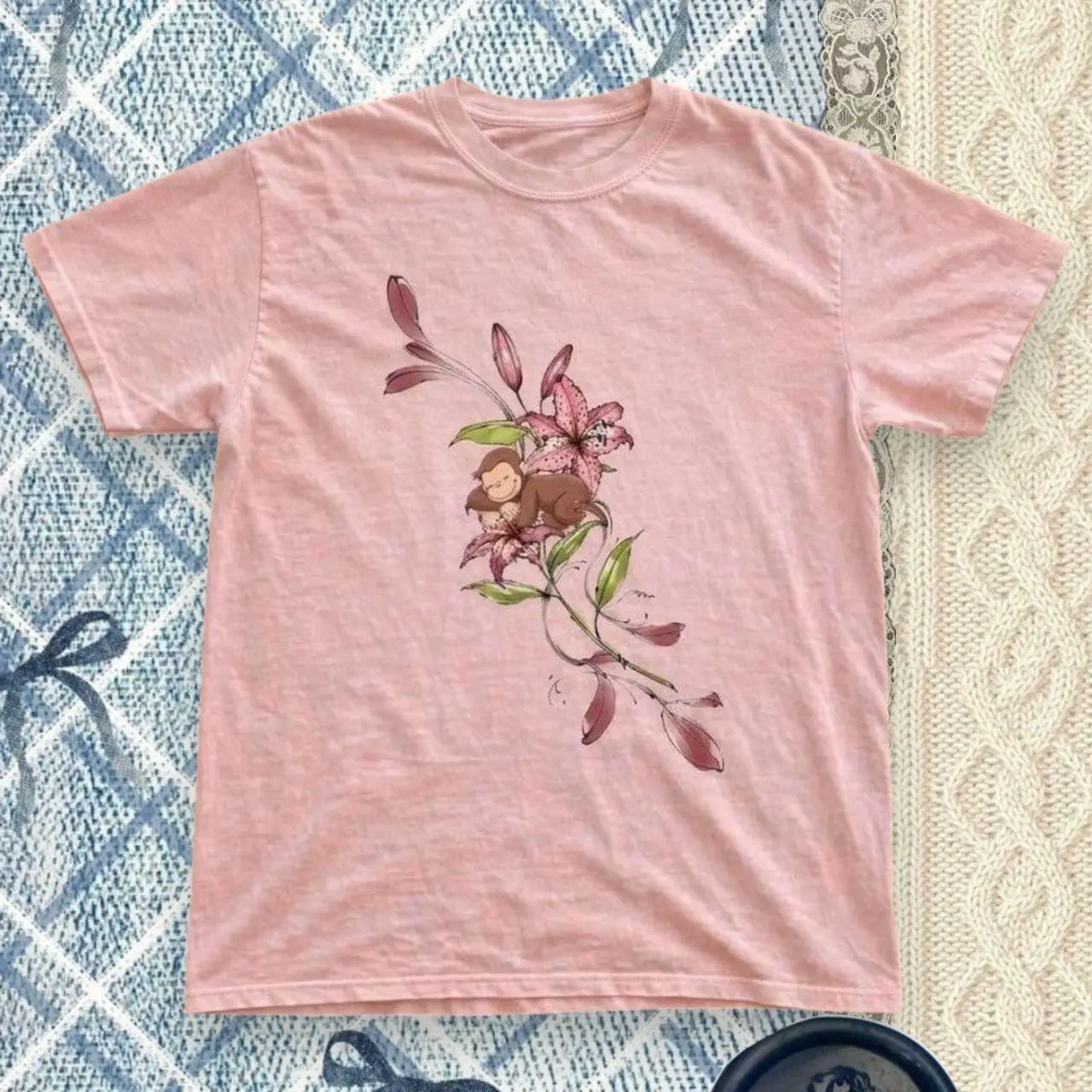 Cute Monkey & Pink Lily Floral Graphic Tee – Light Pink Unisex