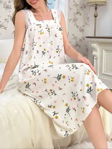 Women's Square Neck Sleeveless Lace Nightgown, Summer New Style Sweet Floral Home Sleepwear, High-End Comfortable Ladies Pajamas