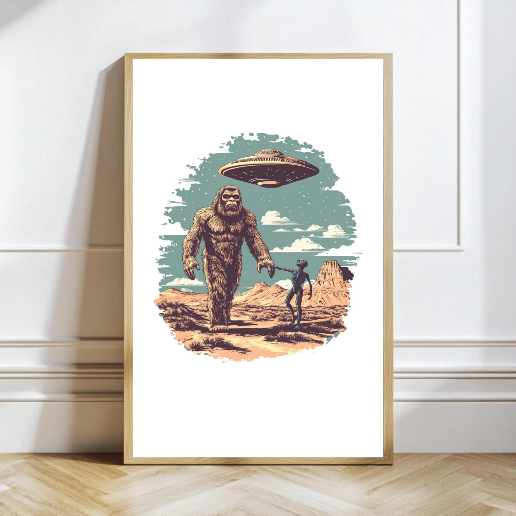 [SALE UP TO 40%] [Unframed] Bigfoot and Alien Print Funny Bigfoot Poster Sasquatch Wall Art Gift for Sci-Fi Lover Funny UFO Art Print Supernatural Weirdcore Wall Decor