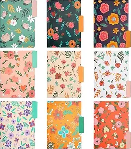 9pcs Decorative File Folders Letter Size, 1/3-Cut Tabs Plastic File Folders for Documents with Colorful Floral Patterns and Erasable Category Labels for Notes Office and School Supplies