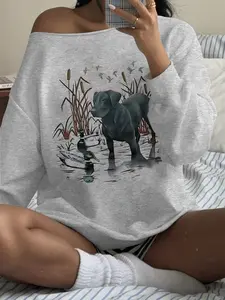 Women's Casual Loose-Fit Long Sleeve Drop Shoulder Sweatshirt, Dog Duck Print, Comfortable Spring & Fall Home Wear, Essential Wardrobe Top